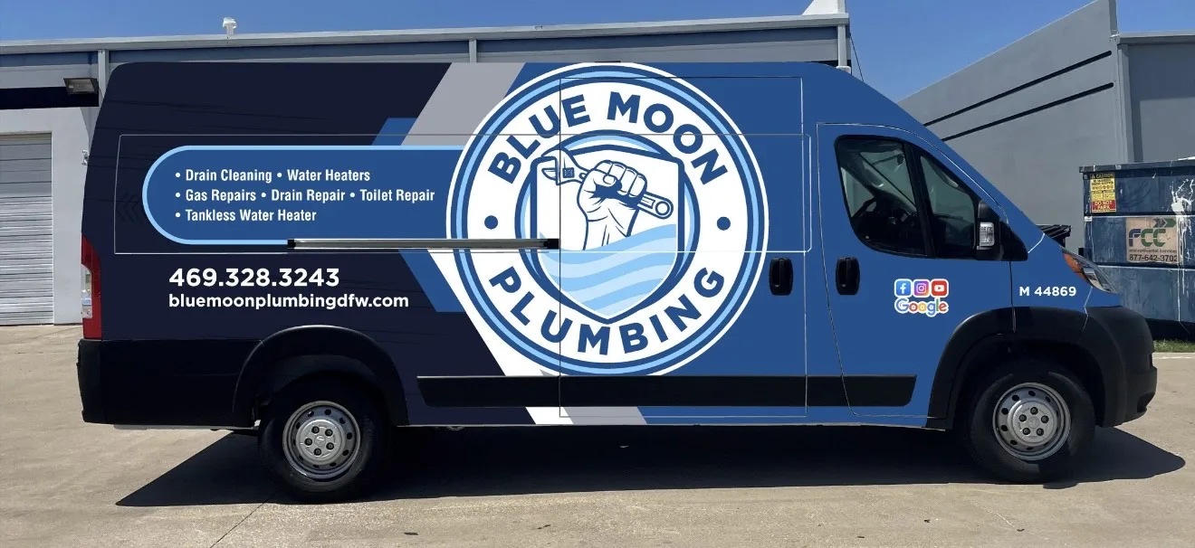 Blue Moon Plumbing service van serving the Dallas-Fort Worth metroplex